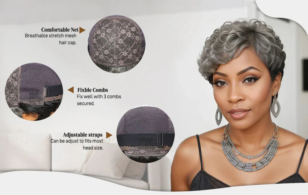 Salt And Pepper Bob HD 5X5 Glueless Human Hair Wigs Ready To Go Half Black Of Back Edgy Pixie Cut Wig With Natural Wave Bang
