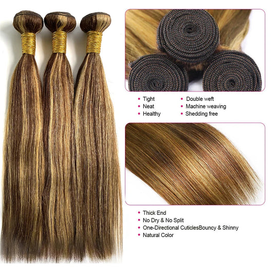 12A Highlight Bundles Straight Human Hair Bundles P4/27 Colored Ombre Honey Blonde Bundles Brazilian Hair Extensions Hair Weaves