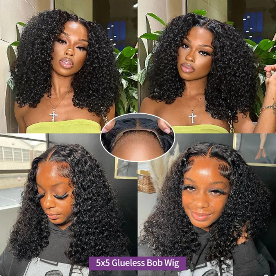 Wear And Go Glueless Wigs Bob Wig 12A Human Hair Wigs For Women Kinky Curly Lace Front Wigs Ready To Go Pre Plucked 180% Density