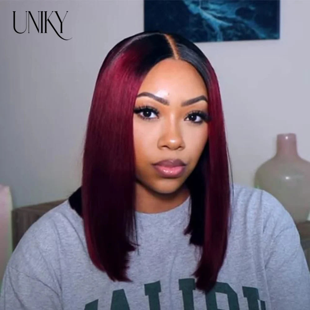 T1B/99j Burgundy Red Straight Bob T Part Lace Front Human Hair Wig For Women Colored Brazilian Remy Hair Natural Wig