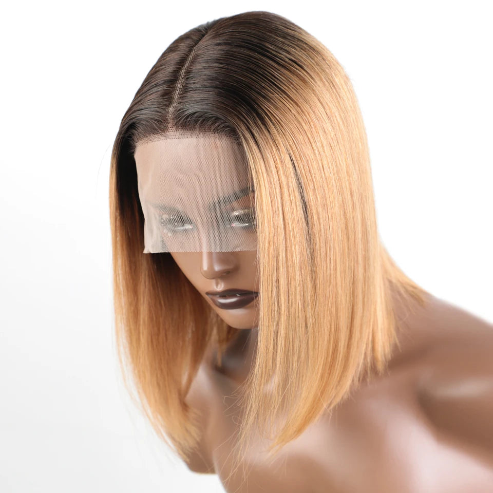 Lekker Highlight Brown Straight Bob 13x1 T Part Lace Front 100% Human Hair Wigs For Women Brazilian Remy Hair Colored Bob Wigs