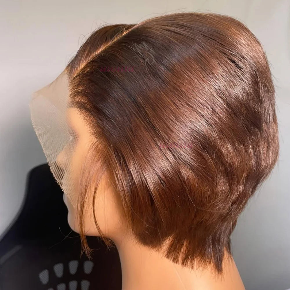 Ombre #1B Brown Short Pixie Cut Wigs For Women Human Hair 200% Straight Chocolate brown Lace Front Bob Wig Brazilian Remy Hair