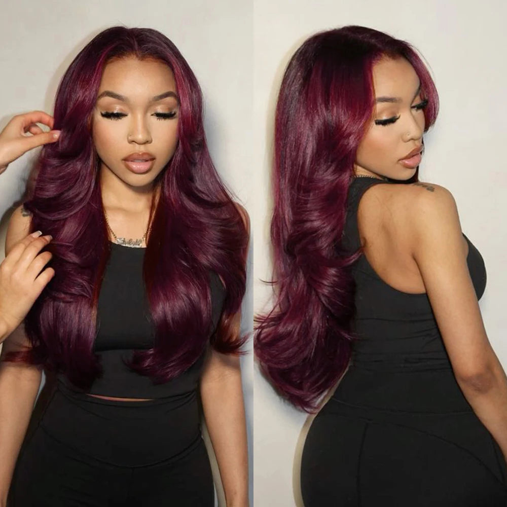 250 Density Dark Burgundy 9x6 Glueless Wigs Human Hair Ready To Wear Brazilian Colored Layer Cut Body Wave Wig Pre Cut Lace