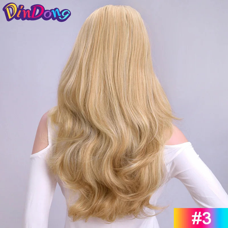 24 Inch Long Wavy Head Tied  3/4 Half Wigs With Clips In, Synthetic Fibers Hair Extension Wigs For Women