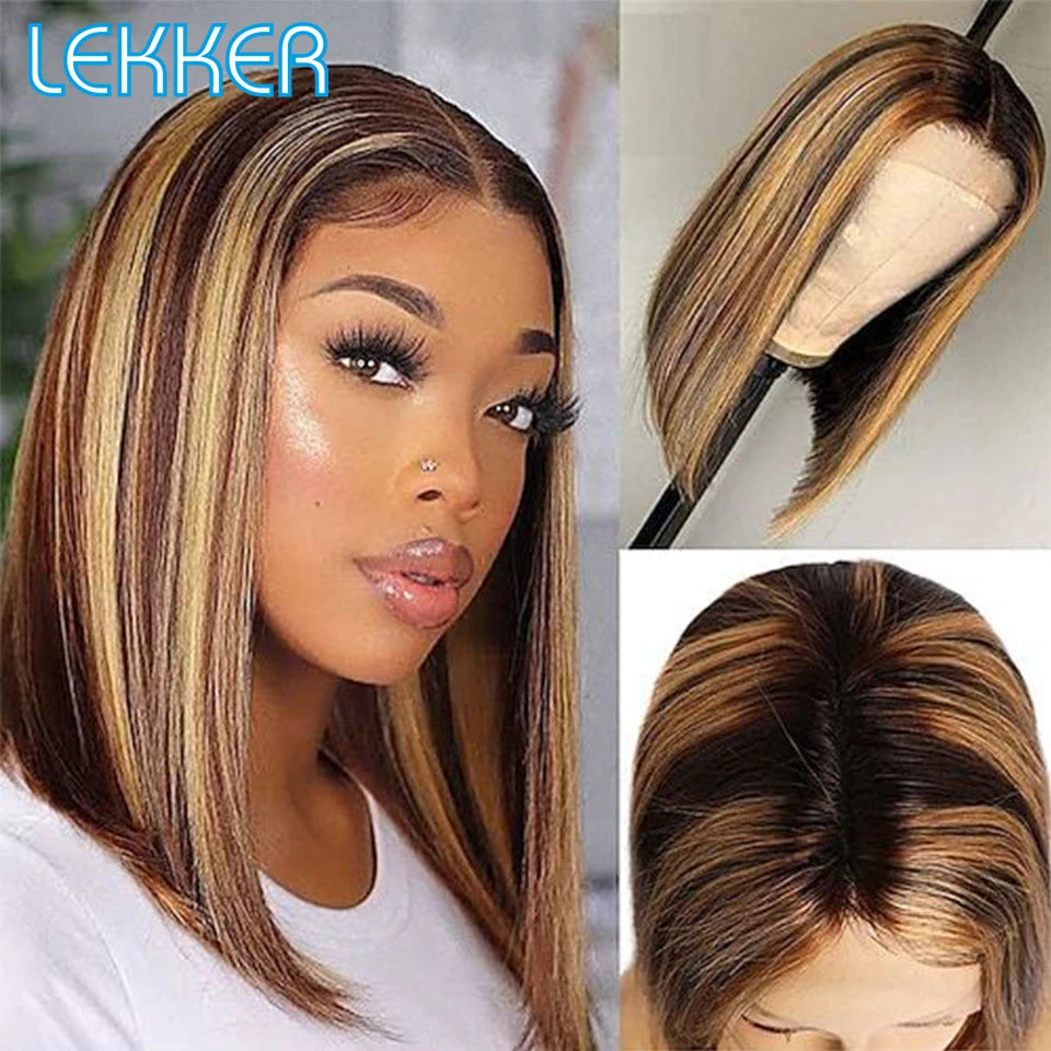 Lekker Highlight Blonde Short Straight Bob 13x6x1 Lace Front Human Hair Wigs For Women Brazilian Remy Hair Colored Glueless Wigs