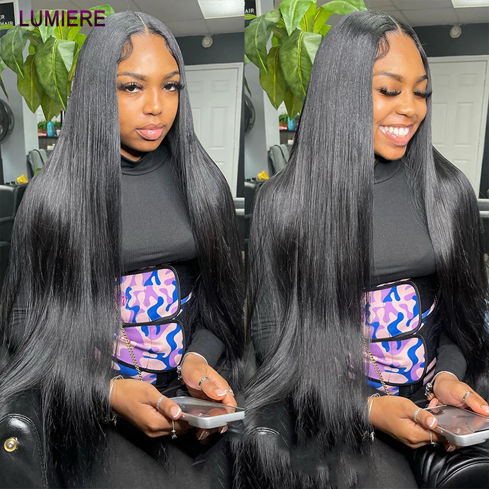 Raw Indian Bone Straight Bundles with HD Transparent Lace Closure 5x5 6x6 Frontal And Bundles 30 40 Inche Human Hair Double Weft