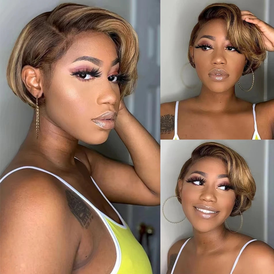 Brown Colored Pixie Cut Short Highlight Lace Human Hair Wigs For Women Ombre Short Brazilian Human Hair Wig Straight Pre Plucked