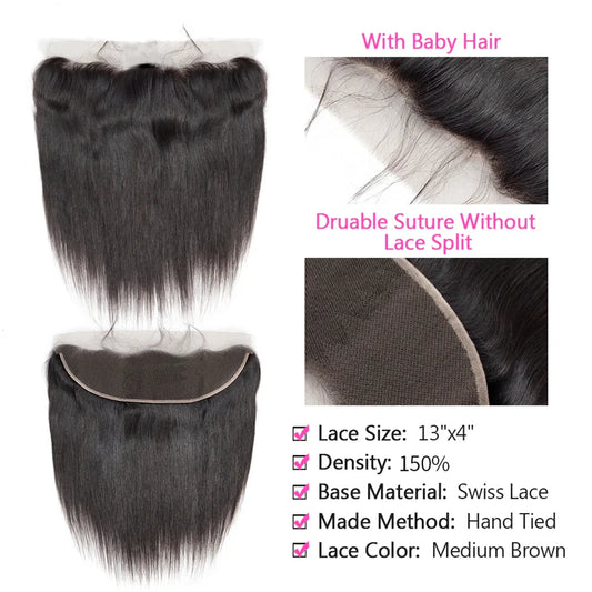Straight Bundles with Frontal Brazilian 100% Virgin Human Hair 3 Bundles with 13x4 Lace Frontal Brown 4 Color Straight 3 Bundles