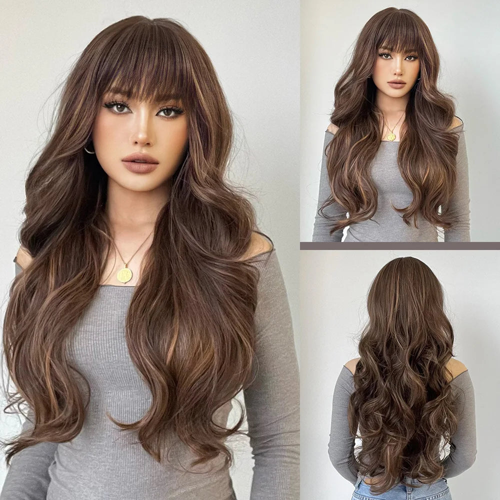 28 Inch Long Curly Wig With Bangs Ombre Brown Hair Wigs For Women Highlight Blonde Synthetic Wigs For Daily Party Heat Resistant