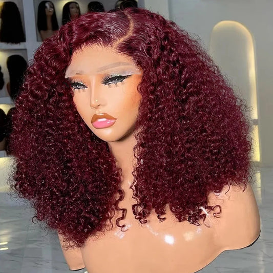 99J Burgundy Curly Wigs Brazilian 13x4 Full Lace Frontal Human Hair Wig 200% Density Colored Water Wave Short Bob Wig Human Hair