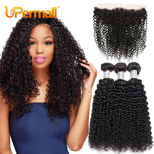 Upermall 2/3/4 Kinky Curly Human Hair Bundles With Frontal HD Transparent 13x4 Brazilian Jerry Curl Weave and Frontals Soft 10A