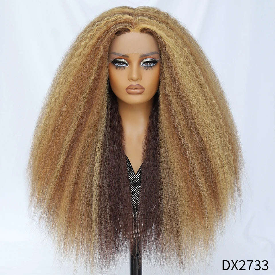 28 Inch Kinky Straight Lace Wigs Synthetic Black T Part Yaki Straight Lace Front Wigs For Women Brown Afro Wigs With Hair Line