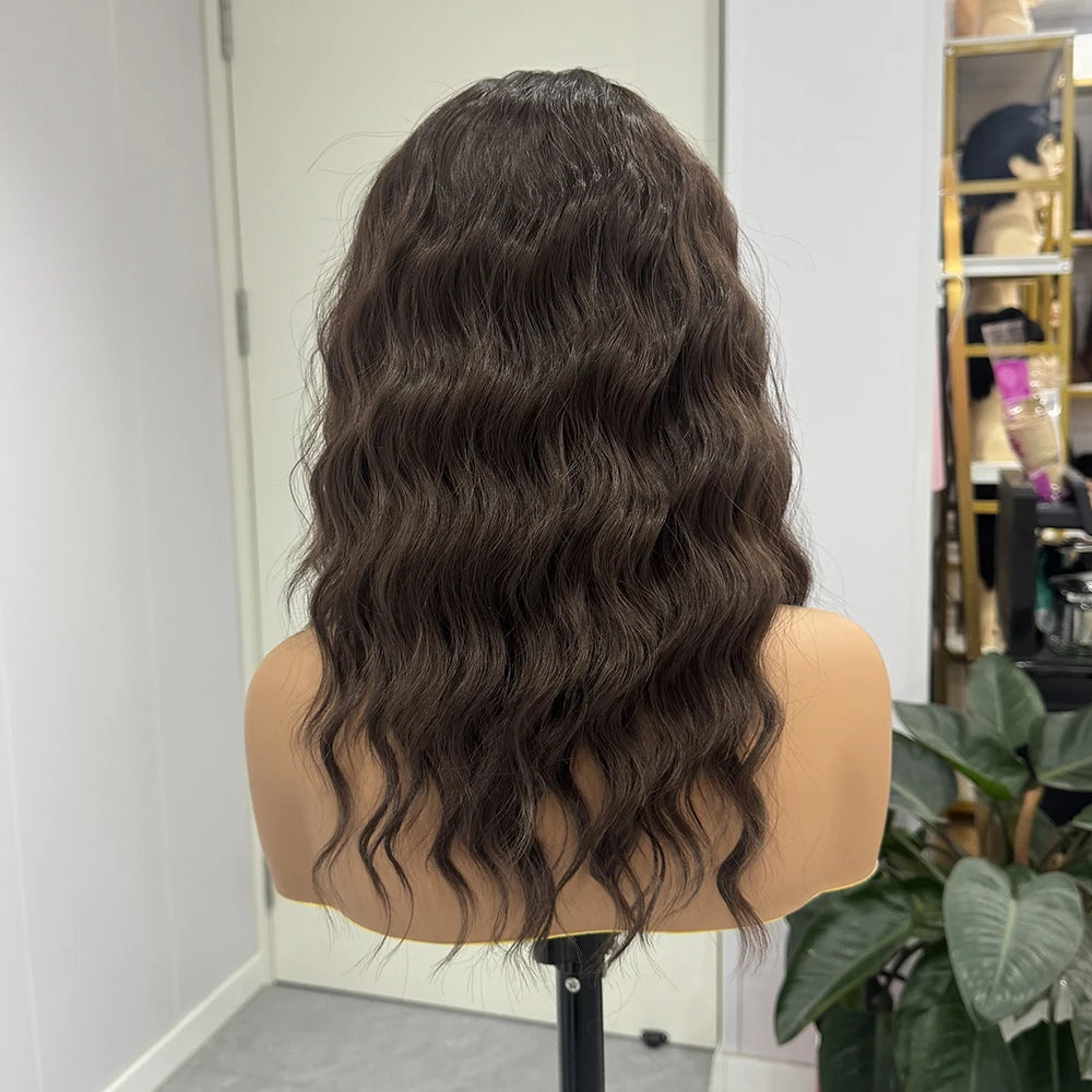 Dark Brown Short Wave Wig Synthetic Lace Bob Wig Natural Wavy Lace Wig Brown Wig Frontal Lace Wigs for Women Daily Wear Party