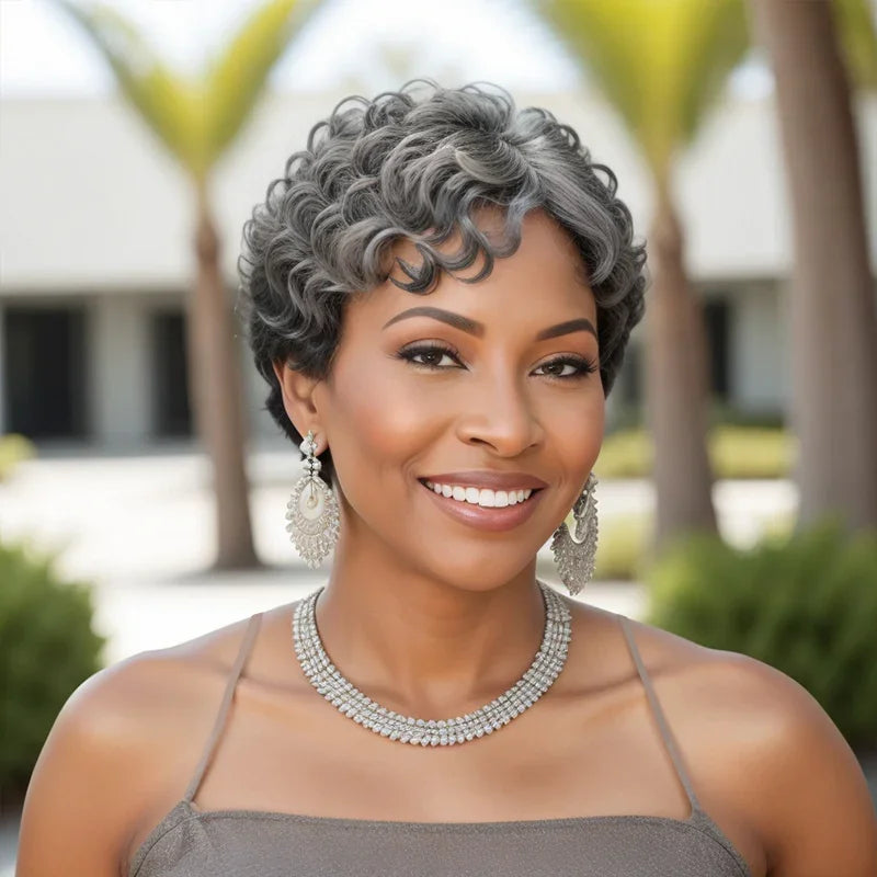 Salt And Pepper Bob HD 5X5 Glueless Human Hair Wigs Ready To Go Half Black Of Back Edgy Pixie Cut Wig With Natural Wave Bang