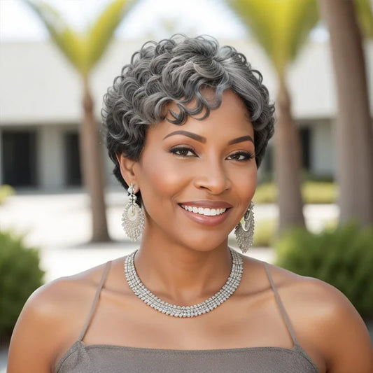 Salt And Pepper Bob HD 5X5 Glueless Human Hair Wigs Ready To Go Half Black Of Back Edgy Pixie Cut Wig With Natural Wave Bang