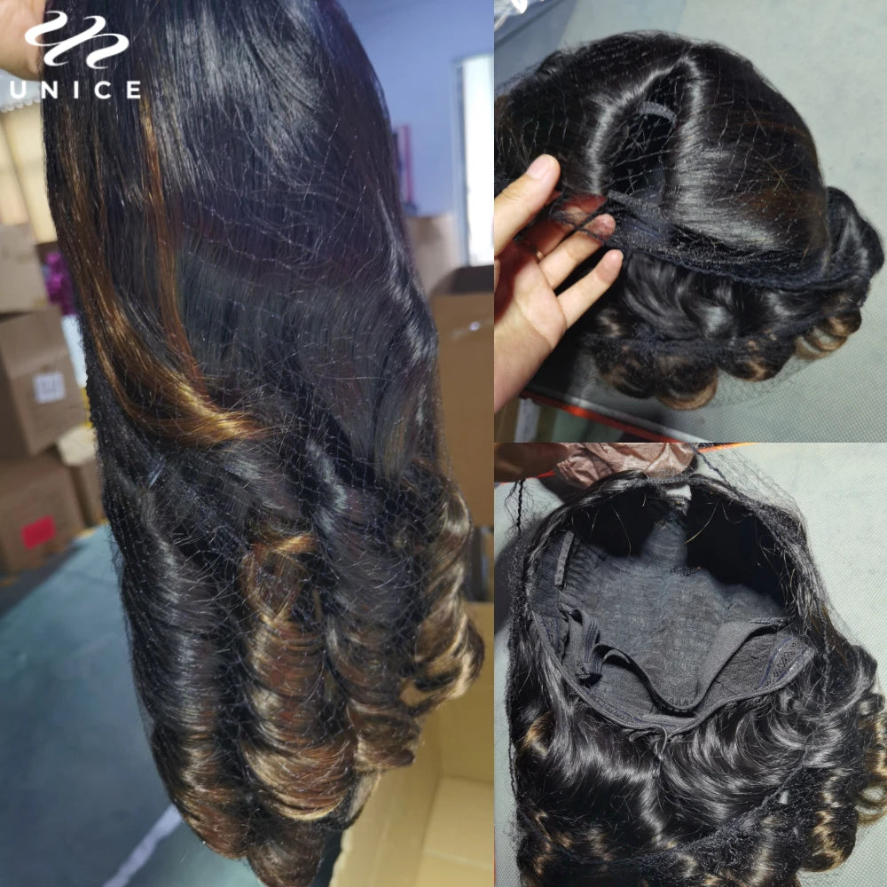 Unice Hair Chestnut Brown Ombre Body Wave V Part Wig With Drawstring Human Hair Glueless Wig Minimal Leave Out Beginner Friendly