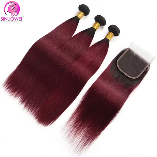1B99J Ombre Straight Bundles With 13x4 Lace Frontal Human Hair 3/4 Bundles With Red Burgundy Straight Virgin Hair Closure