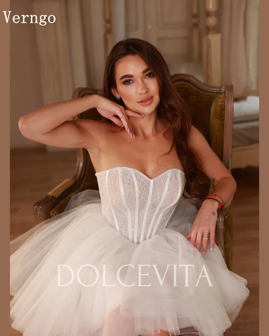 Verngo Soft Tulle Mini Wedding Dress Sweetheart A Line Bone Short Bride Dresses Women Elgenat Pearls Bridal Gowns Customized
