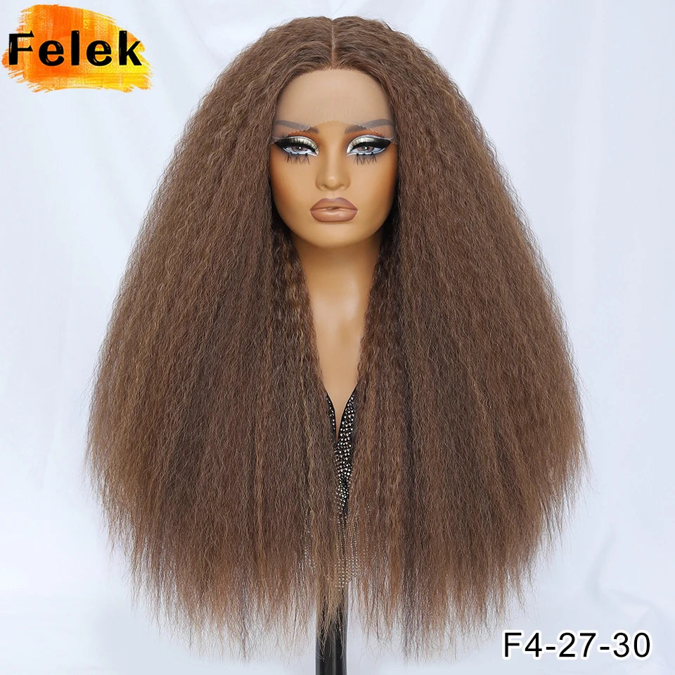 28 Inch Kinky Straight Lace Wigs Synthetic Black T Part Yaki Straight Lace Front Wigs For Women Brown Afro Wigs With Hair Line