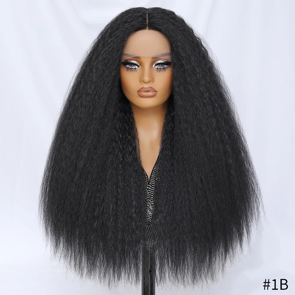 28 Inch Kinky Straight Lace Wigs Synthetic Black T Part Yaki Straight Lace Front Wigs For Women Brown Afro Wigs With Hair Line