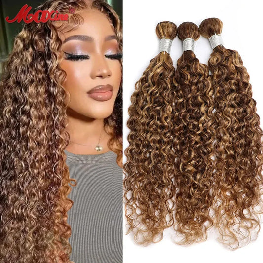 Maxine Highlight Water Wave Human Hair Bundles P4/27 Brown Blonde Braiding Hair Bundles Colored Curly Human Hair Weaving Bundles