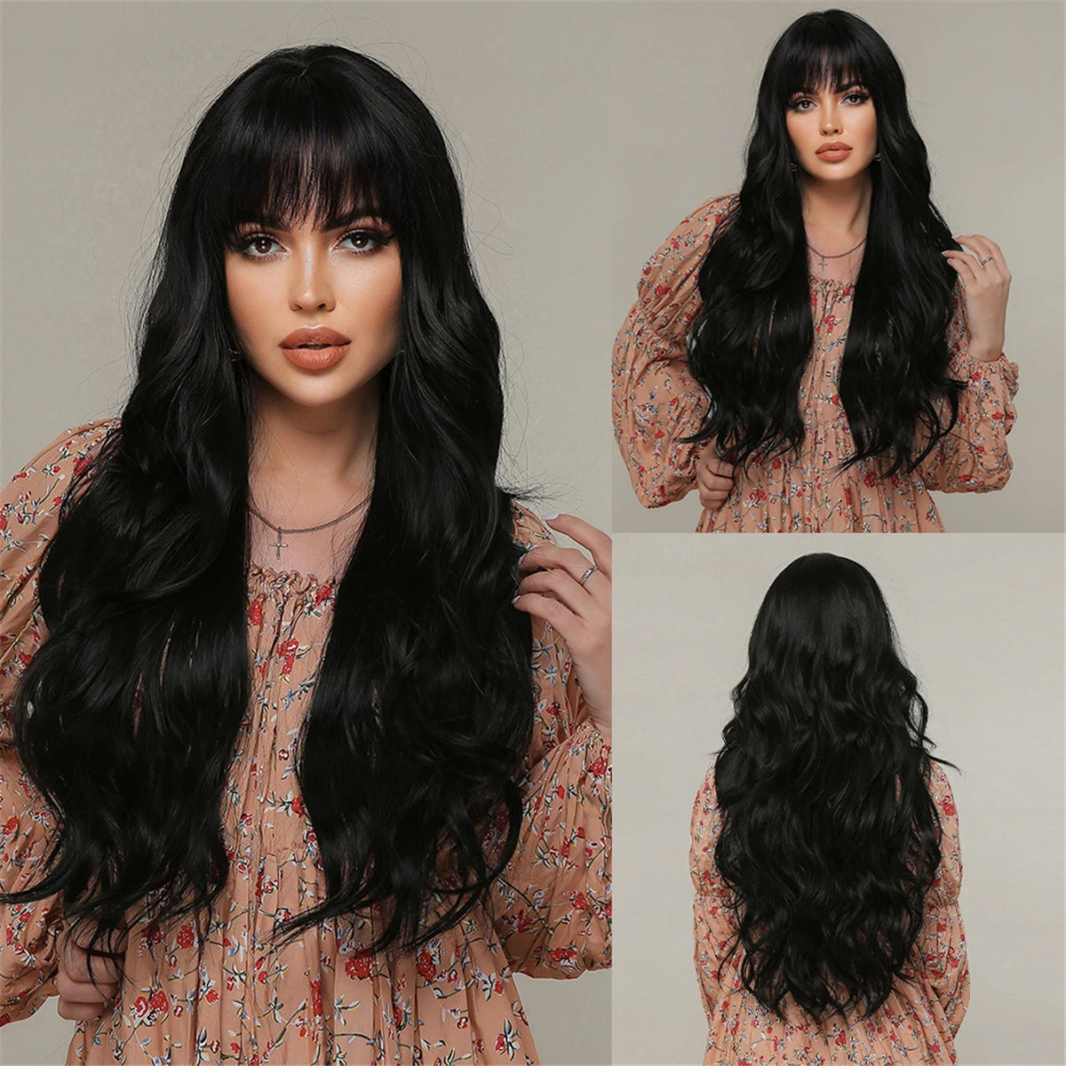 28 Inch Long Curly Wig With Bangs Ombre Brown Hair Wigs For Women Highlight Blonde Synthetic Wigs For Daily Party Heat Resistant