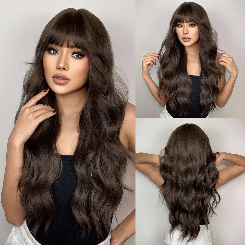 28 Inch Long Curly Wig With Bangs Ombre Brown Hair Wigs For Women Highlight Blonde Synthetic Wigs For Daily Party Heat Resistant