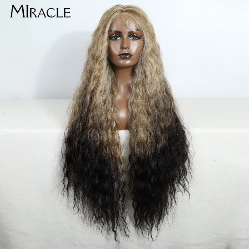 MIRACLE Synthetic Lace Front Wig For Women 40 Inch Water Wave Lace Wig Cosplay Wigs 613 Pink Blonde Wig Super Long Fiber Hair