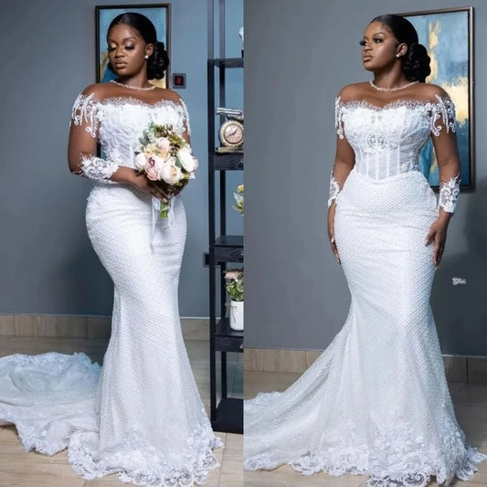 African Mermaid Wedding Dresses Elegant Sheer Long Sleeves Bridal Gowns O-neck Applique Second Reception Dress