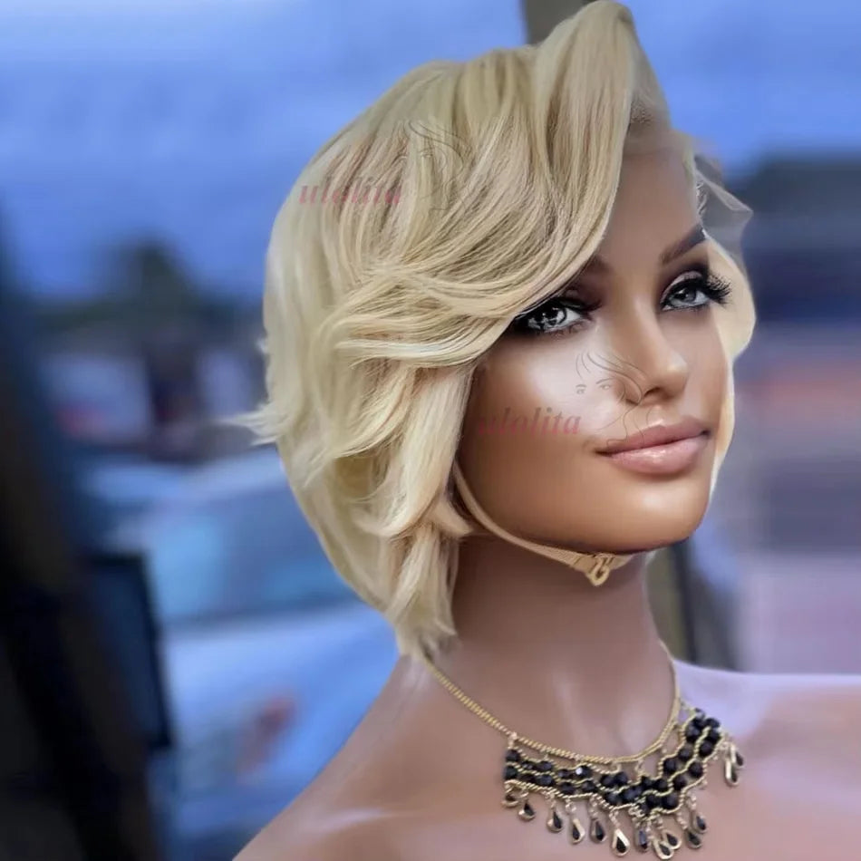 Pixie Cut Wig Brazilian 613 blonde Straight Side Part Wig 13x4 Short Bob HD Transparent Lace Front Human Hair Wig For Women