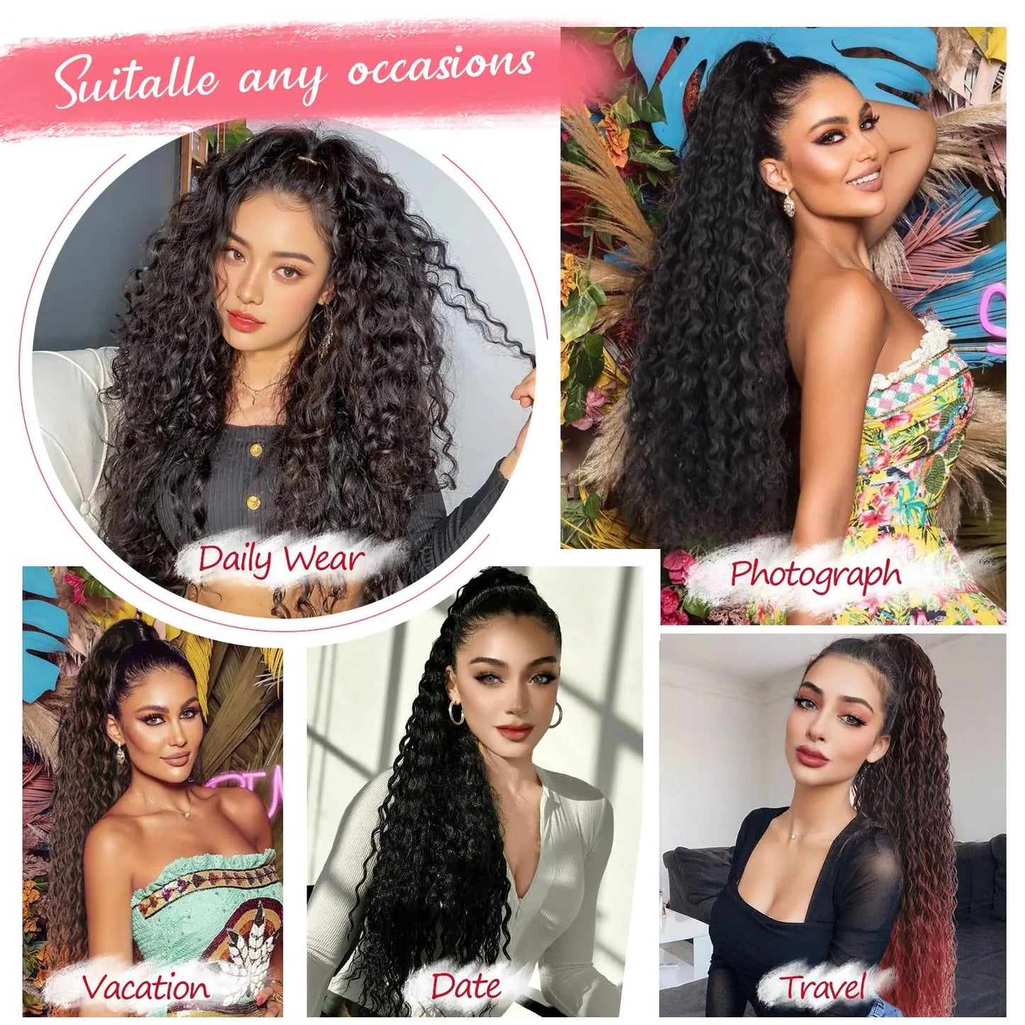 Drawstring Ponytail Kinky Curly Ponytail Deep Wave 100% Human Hair Ponytails 16 Inch Clip on Ponytails For Black Women #1B