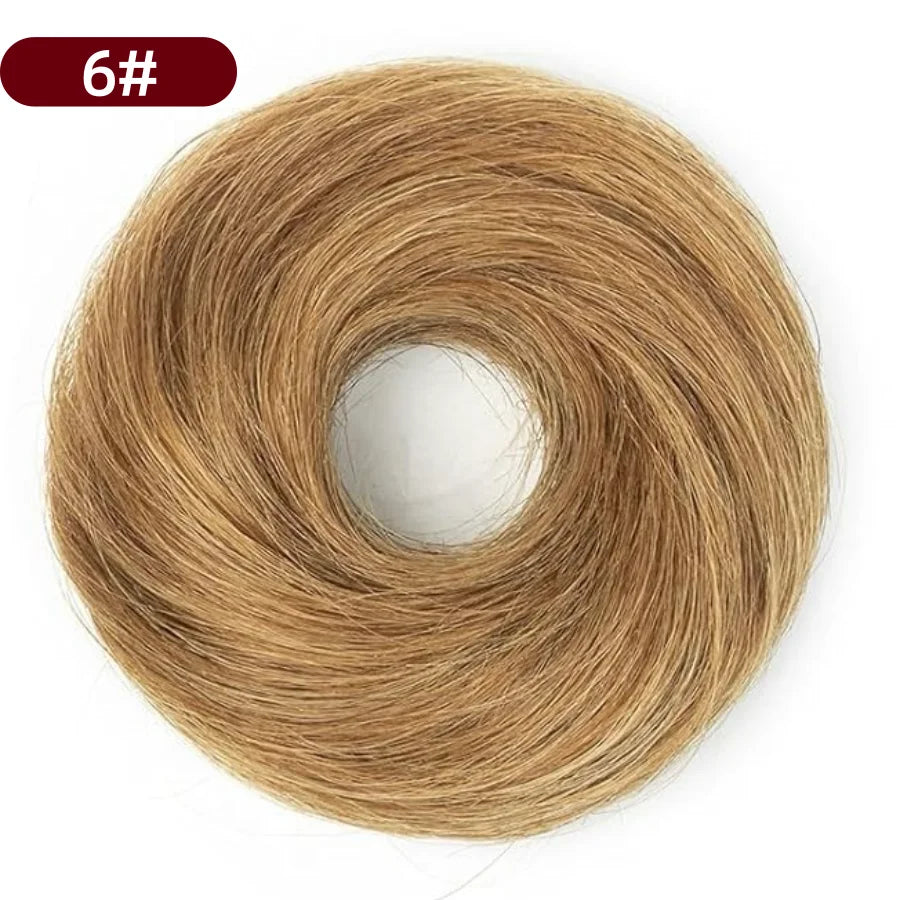 Messy Bun Hair Piece Human Hair Natural Black Wavy Tousled Stretchy Fluffy Donut Updo Elegant Chignon with Elastic Rubber Band