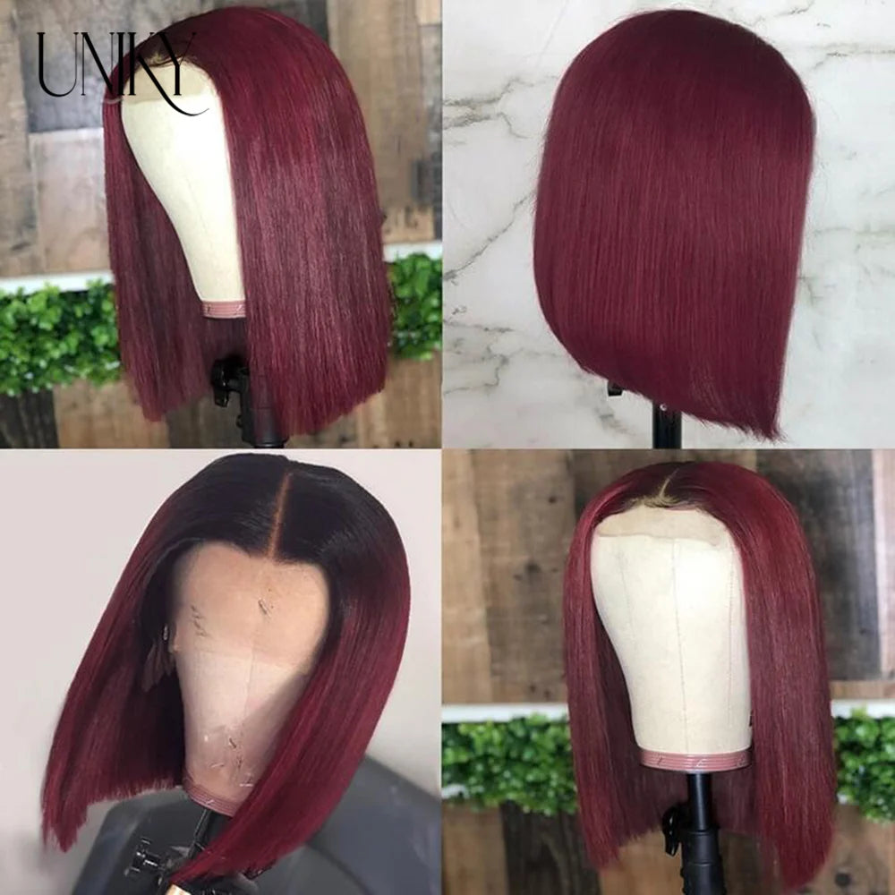 T1B/99j Burgundy Red Straight Bob T Part Lace Front Human Hair Wig For Women Colored Brazilian Remy Hair Natural Wig