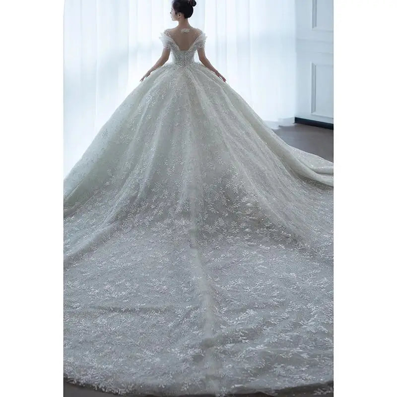 2024 New Luxury Wedding Dress The Shoulder V-neck Sexy Lace Applique Princess Wedding Gown With Pearls Vestido Noiva Customized