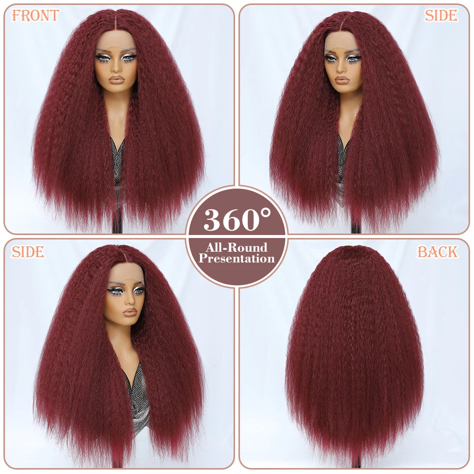 28 Inch Kinky Straight Lace Wigs Synthetic Black T Part Yaki Straight Lace Front Wigs For Women Brown Afro Wigs With Hair Line