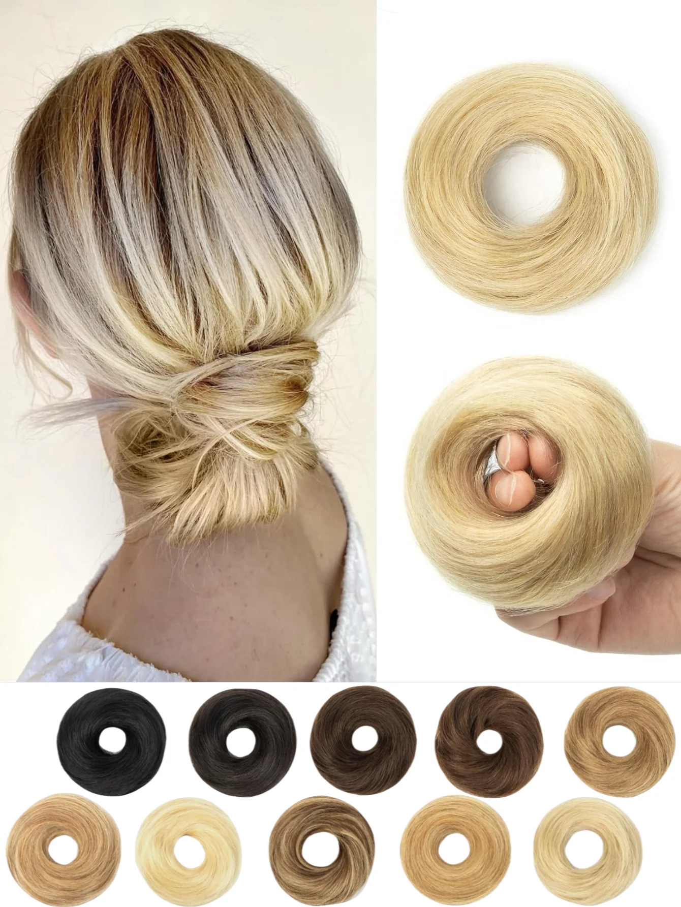 Messy Bun Hair Piece Human Hair Natural Black Wavy Tousled Stretchy Fluffy Donut Updo Elegant Chignon with Elastic Rubber Band