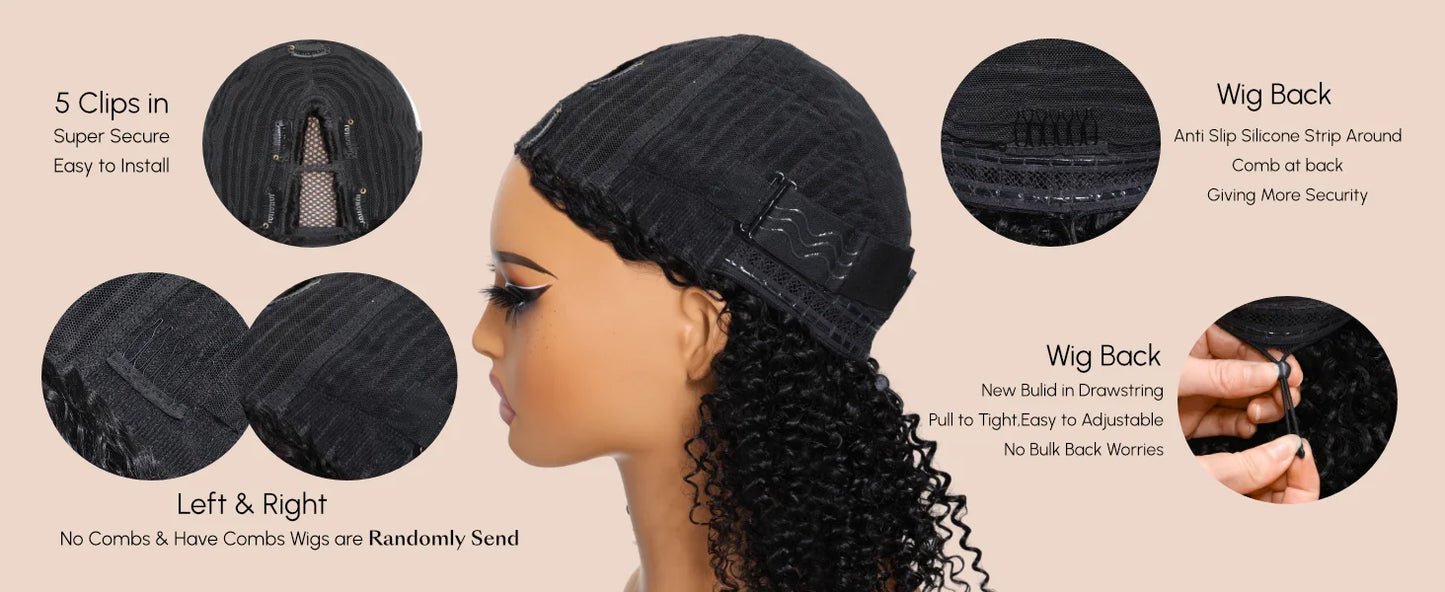 UNICE Hair Kinky Curly V Part Wig 100% Human Hair Upgrade U Part Wig No Leave Out EasiContou V Part Wig With Elastic Drawstring