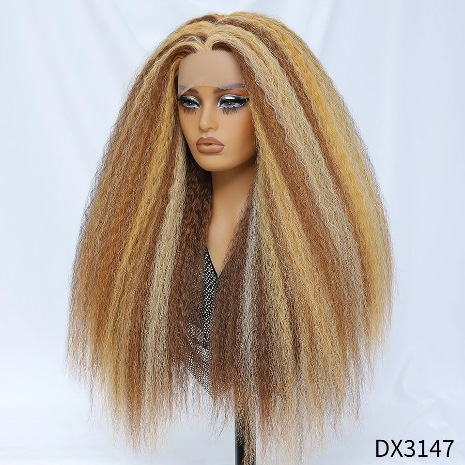 28 Inch Kinky Straight Lace Wigs Synthetic Black T Part Yaki Straight Lace Front Wigs For Women Brown Afro Wigs With Hair Line