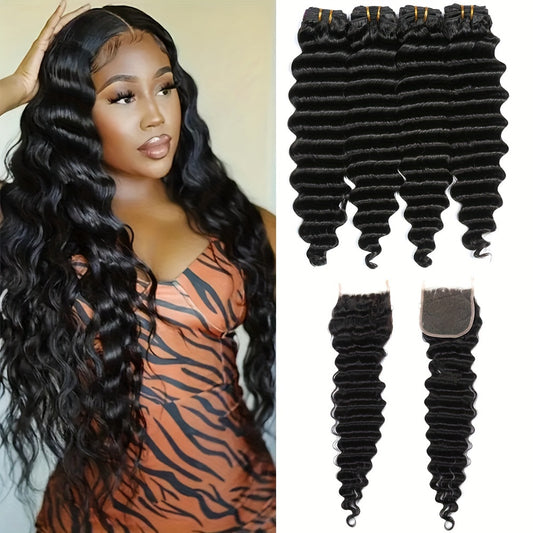 Peruvian Deep Wave Hair With 5x5 Lace Closure Unprocessed Human Hair Bundles With Lace Closure Free Part Transparent Lace 100% Virgin Human Hair Wet and Wavy Weave Hair
