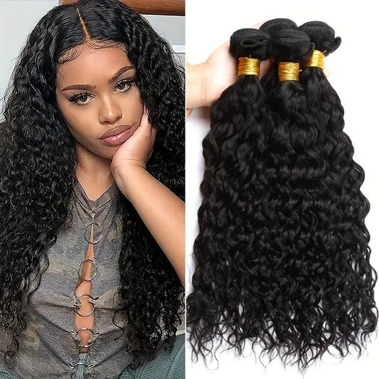4 Bundles Peruvian Water Wave 100% Virgin Human Hair Extensions Double Weft 100% Unprocessed Human Hair Water Wave Hair Natural Black Color For Women Can Be Dyed