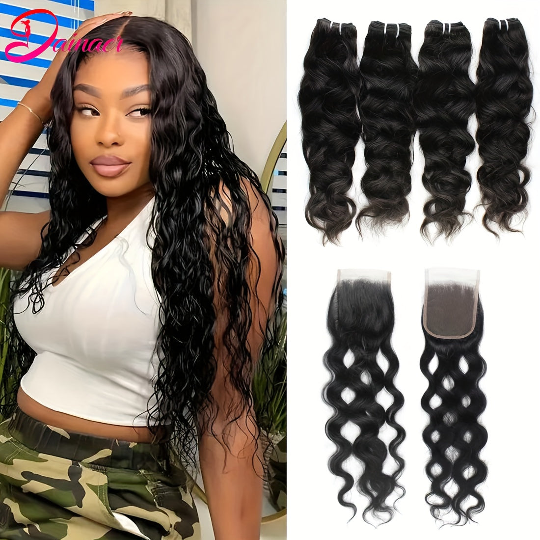 Brazilian Natural Wave Bundles With Closure Human Hair 4 Bundles With 4x4 HD Lace Closure Natural Color Human Hair Extensions With Closure Free Part