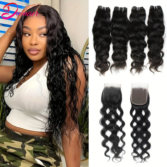 Brazilian Natural Wave Bundles With Closure Human Hair 4 Bundles With 4x4 HD Lace Closure Natural Color Human Hair Extensions With Closure Free Part