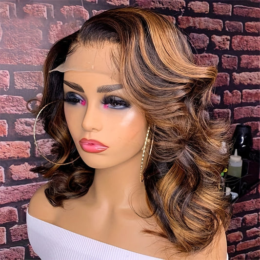 14 Inch Ombre Body Wave Bob Lace Front Wig Human Hair 4x4 Highlight Lace Front Short Body Wave Wig Human Hair 4/27 Ombre Brown Human Hair Wigs 180% Density Wigs Human Hair with Baby Hair
