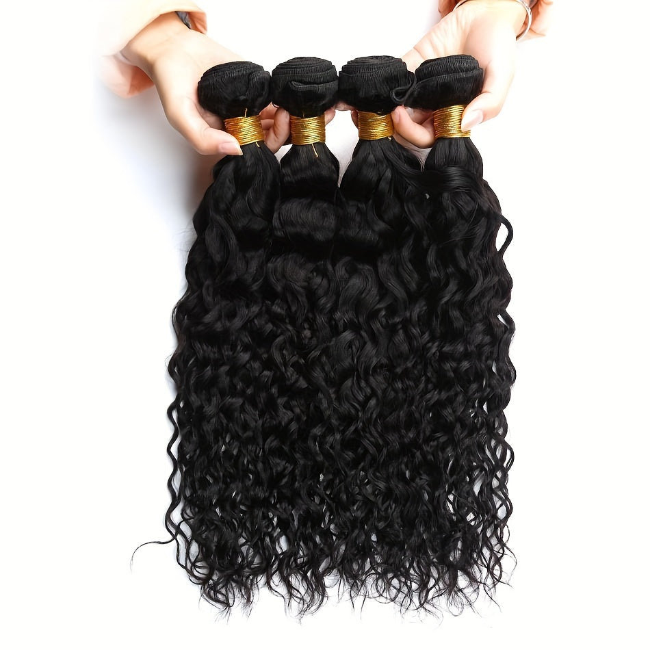 4 Bundles Peruvian Water Wave 100% Virgin Human Hair Extensions Double Weft 100% Unprocessed Human Hair Water Wave Hair Natural Black Color For Women Can Be Dyed