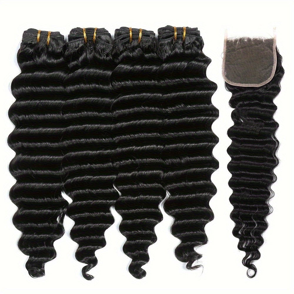 Peruvian Deep Wave Hair With 5x5 Lace Closure Unprocessed Human Hair Bundles With Lace Closure Free Part Transparent Lace 100% Virgin Human Hair Wet and Wavy Weave Hair