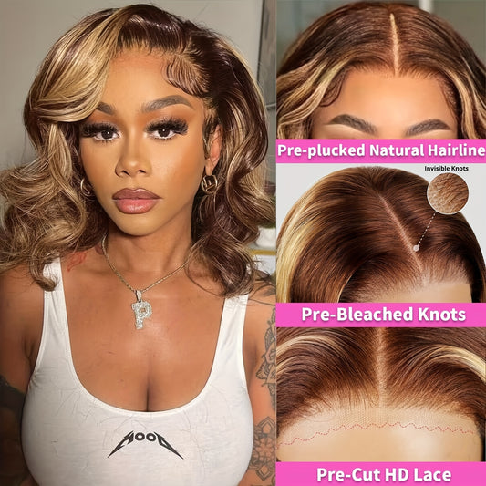 14 Inch Ombre Body Wave Bob Lace Front Wig Human Hair 4x4 Highlight Lace Front Short Body Wave Wig Human Hair 4/27 Ombre Brown Human Hair Wigs 180% Density Wigs Human Hair with Baby Hair